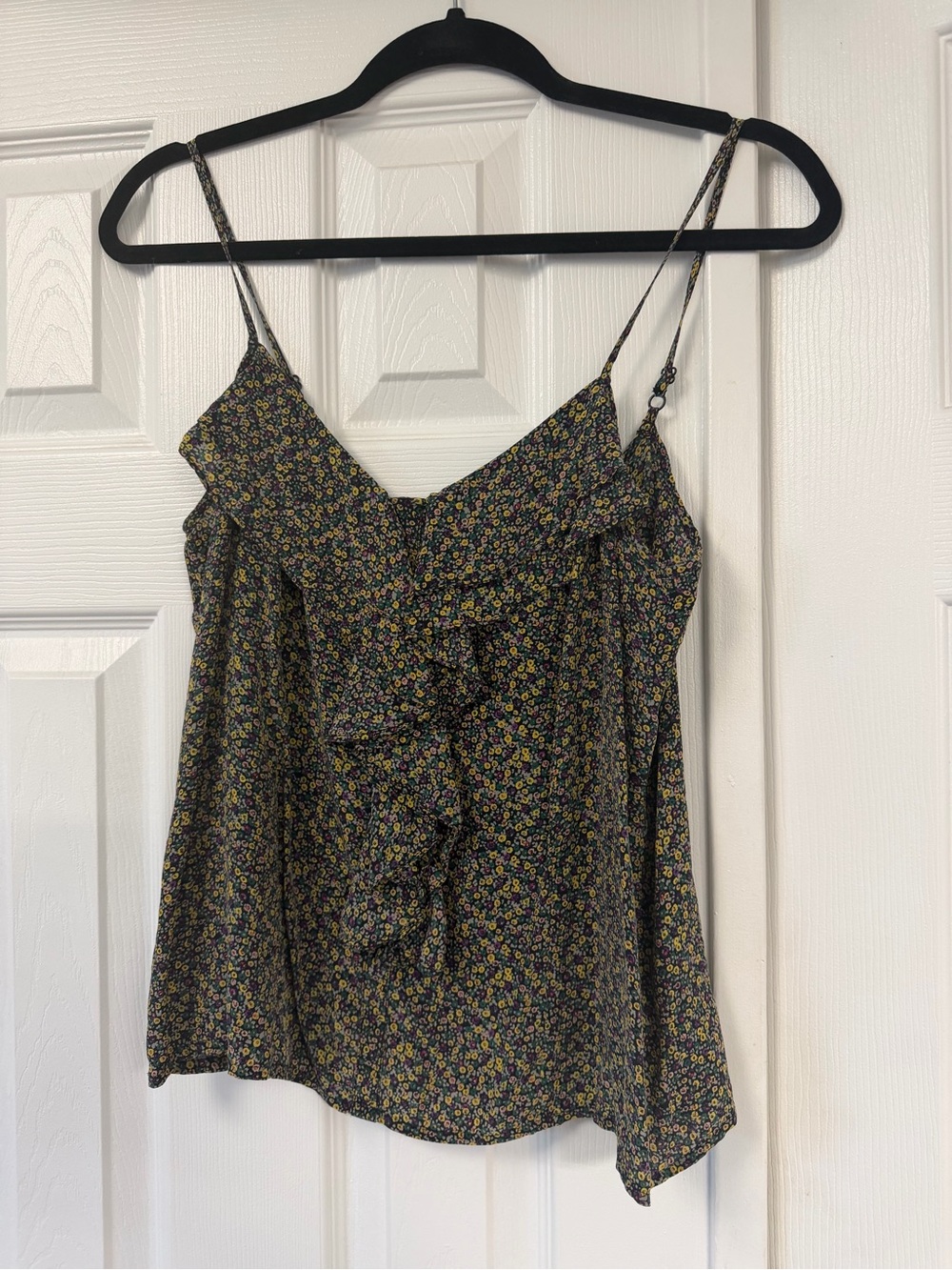 Nordstrom Black Floral Ruffle Cami Tank with Yellow and Green Print